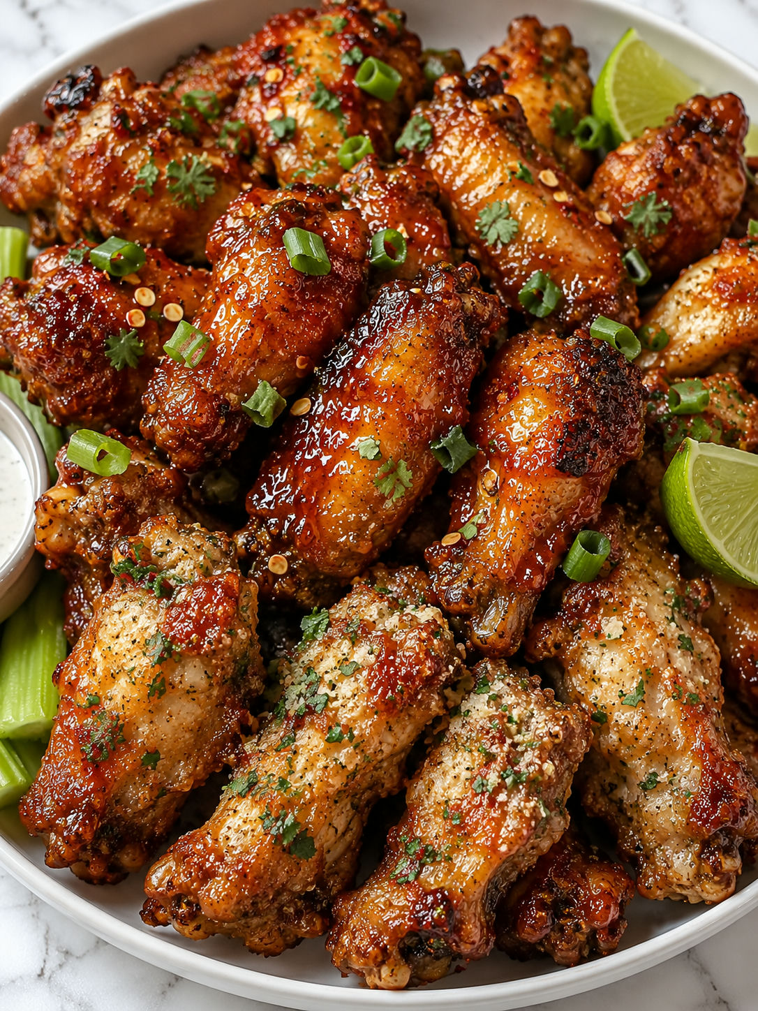 Saucy crispy chicken wings piled high with green onions and chili flakes