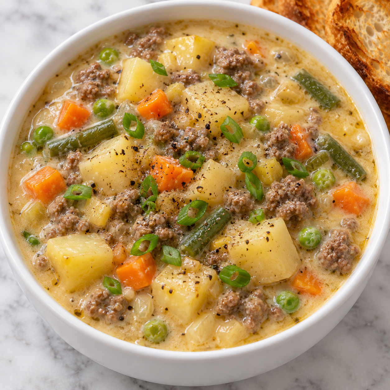 Creamy potato hamburger soup with beef, vegetables, and green onions