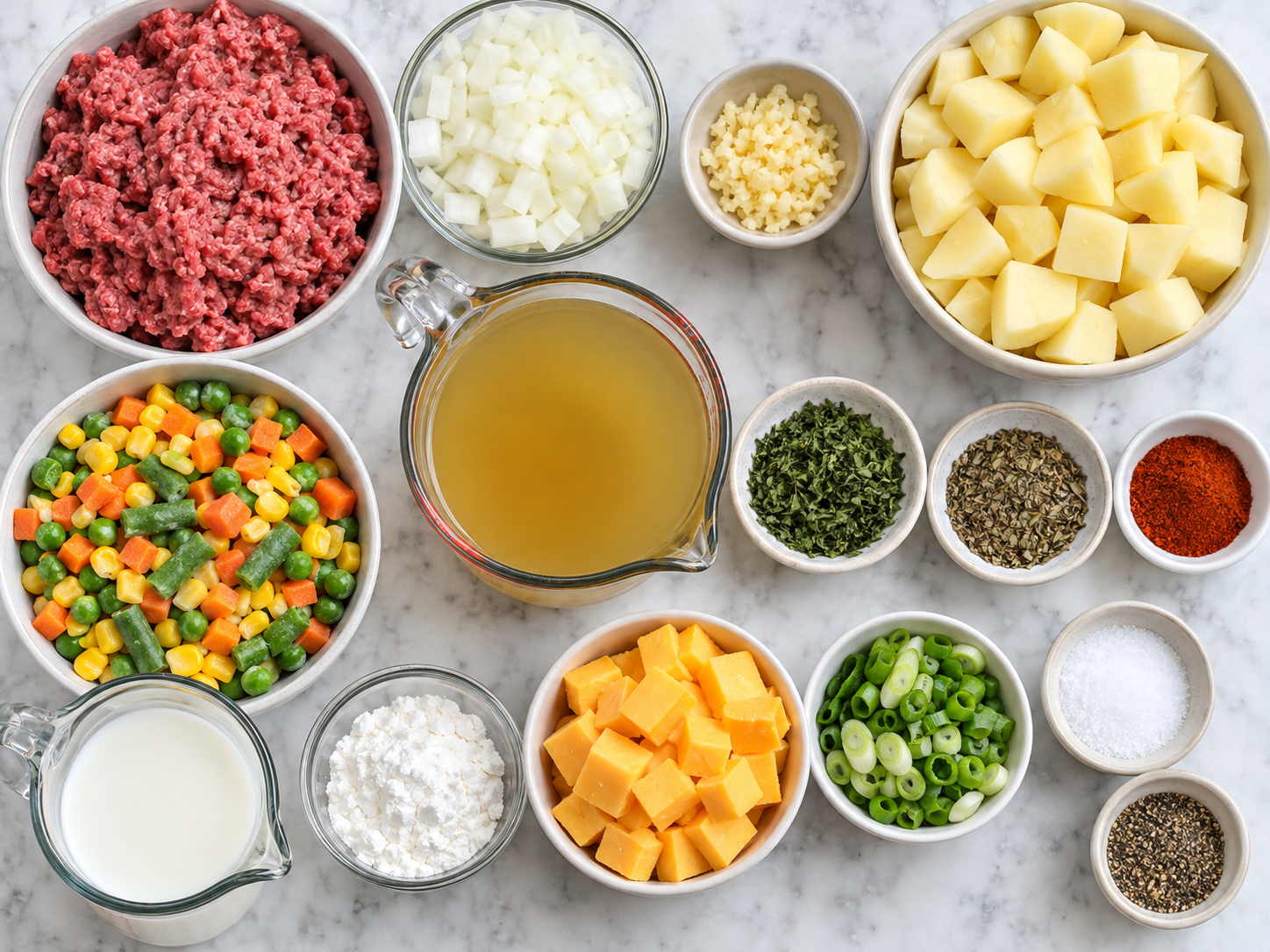 Ingredients for creamy potato hamburger soup on a wooden surface