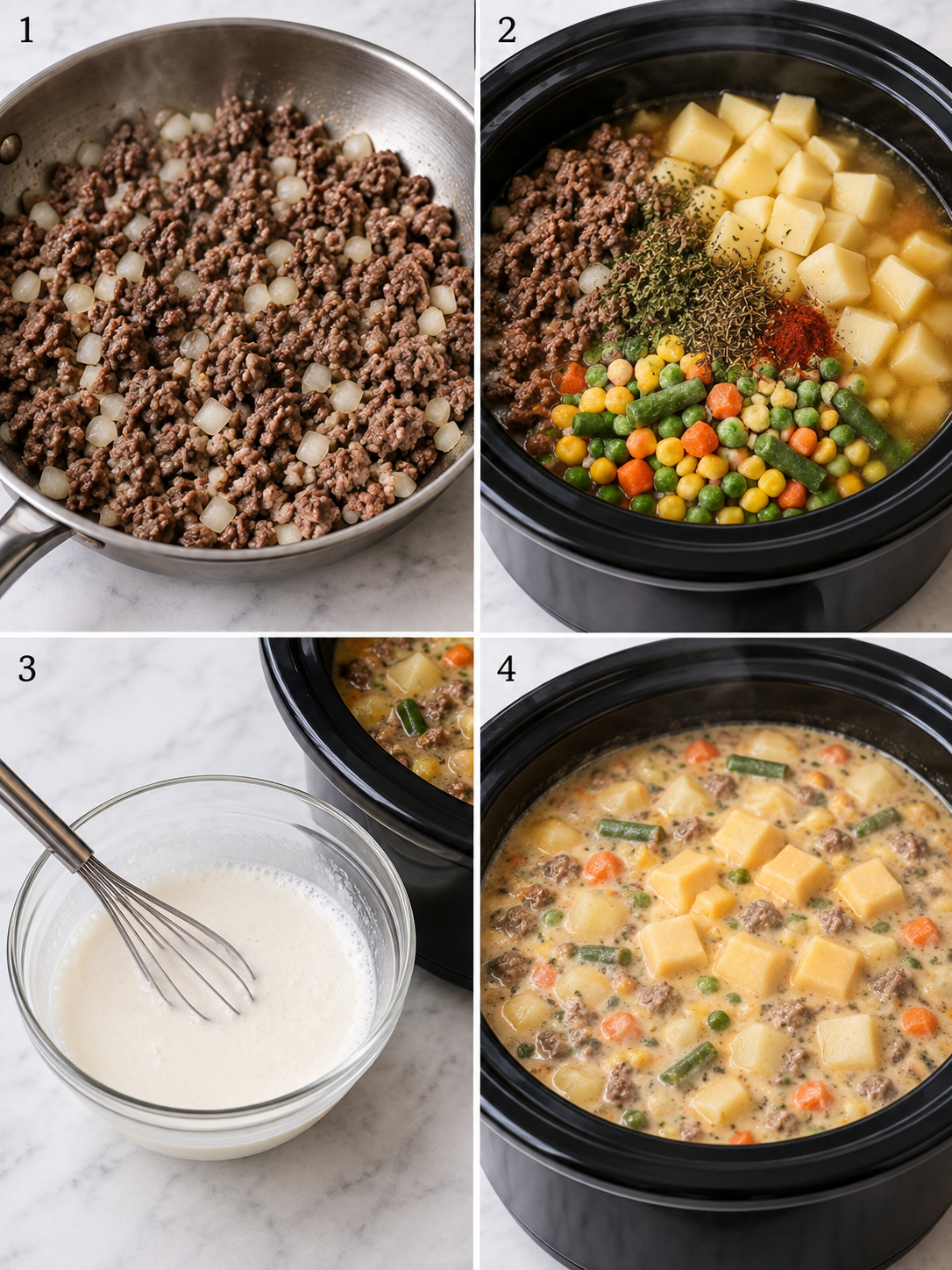 Four cooking steps for crockpot creamy potato hamburger soup