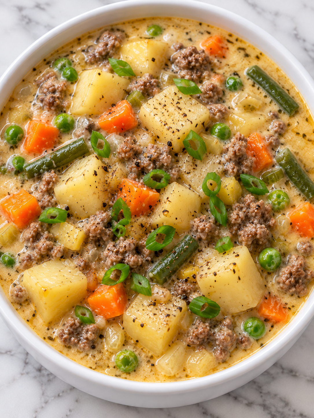 Creamy potato hamburger soup filling a bowl with vegetables and green onions