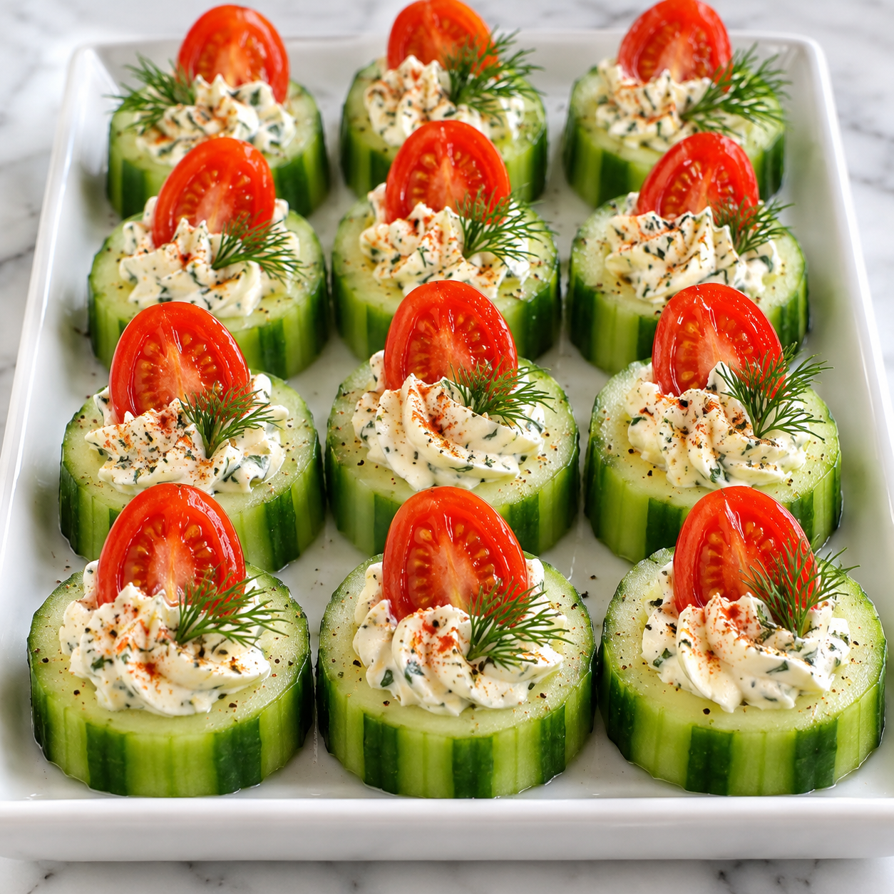 Cucumber bites with herb cream cheese, cherry tomatoes, dill, and paprika