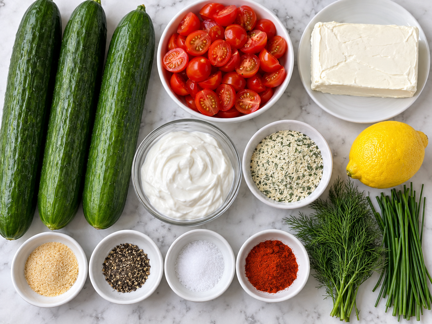 Ingredients for cucumber bites with cream cheese, tomatoes, herbs, and spices