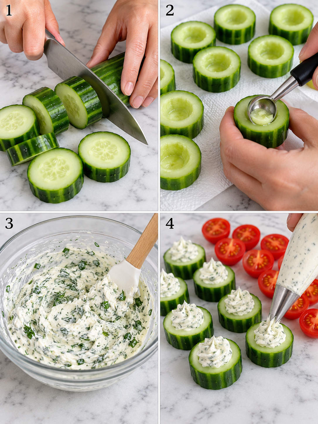 Four prep steps for cucumber bites with herb cream cheese and tomatoes