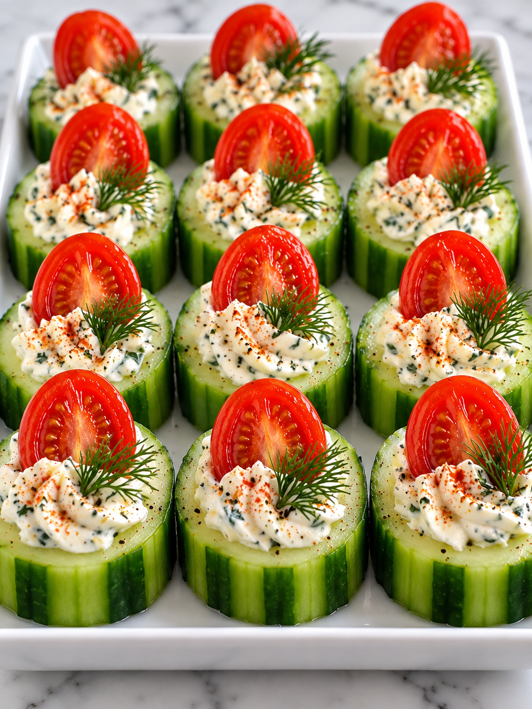 Cucumber bites filled with herb cream cheese and topped with cherry tomatoes