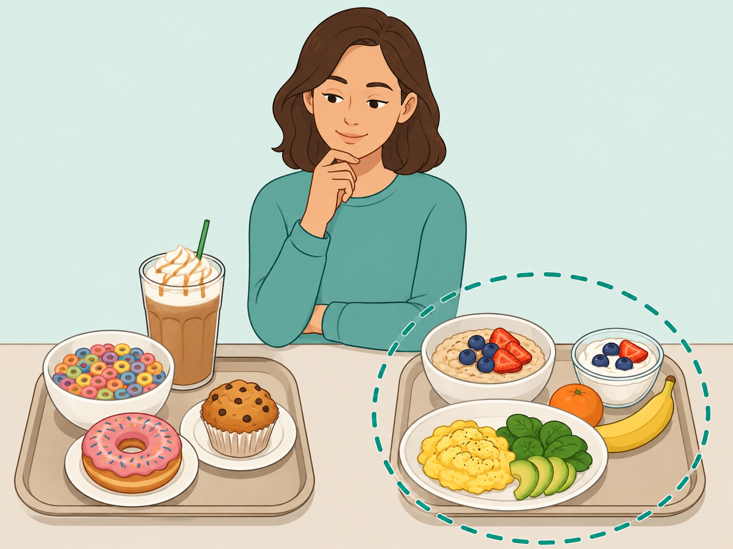 Woman comparing a sugary breakfast with a balanced breakfast of oats, fruit, yogurt, and eggs.
