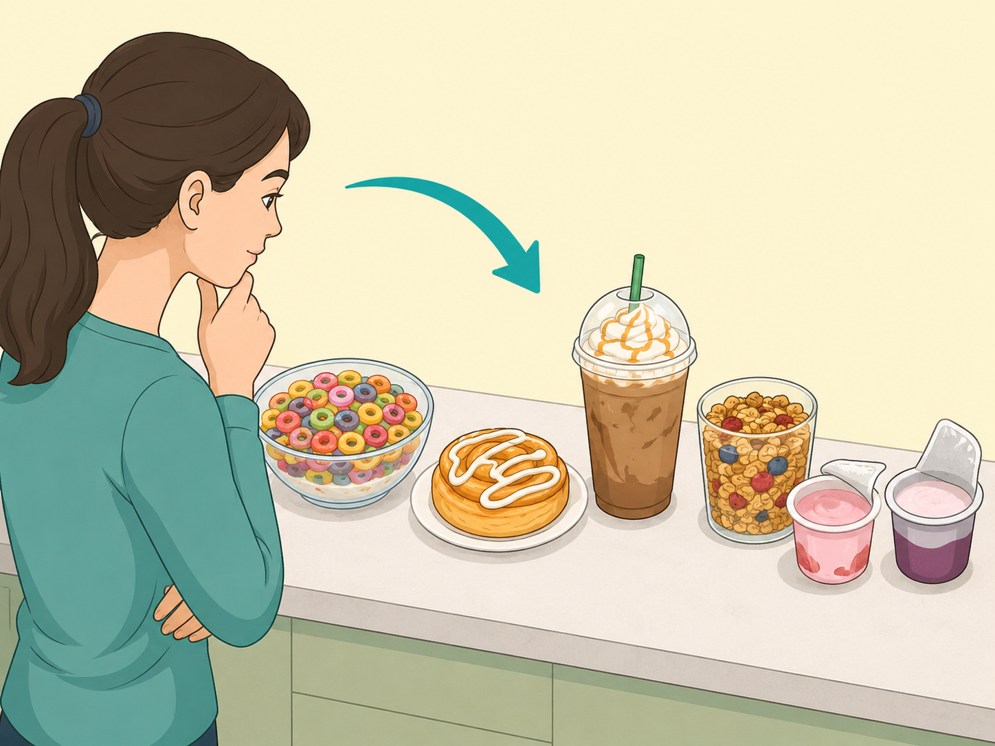 Person identifying sugary breakfast foods on a counter.