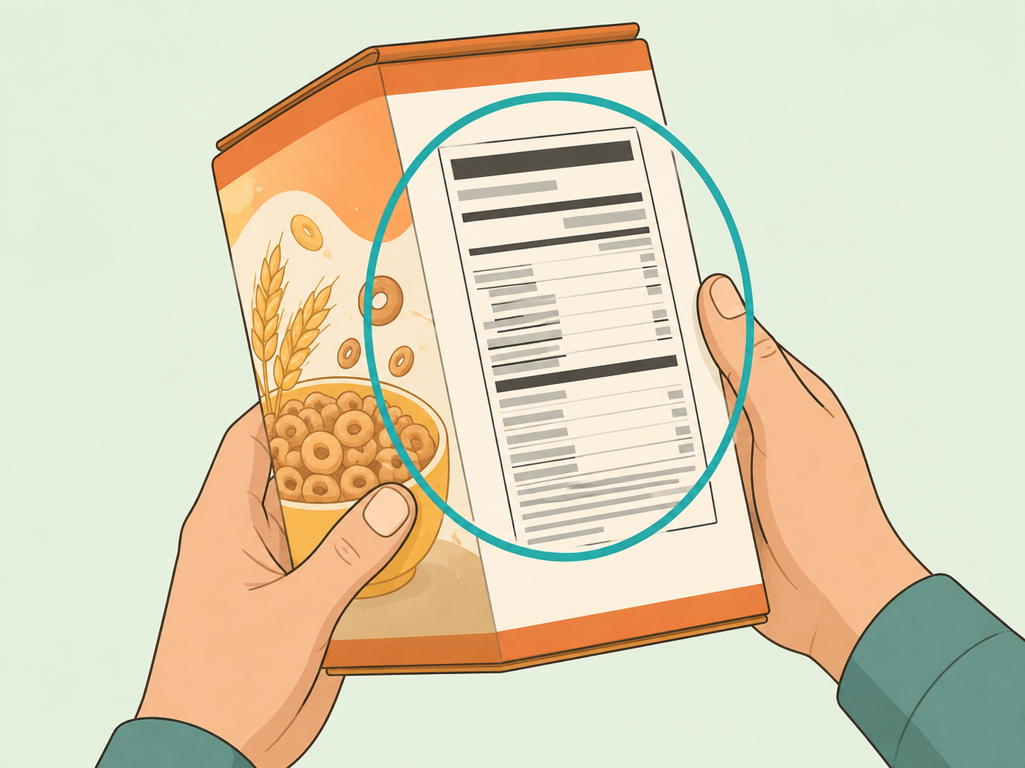 Hands checking the nutrition label on a breakfast cereal box.