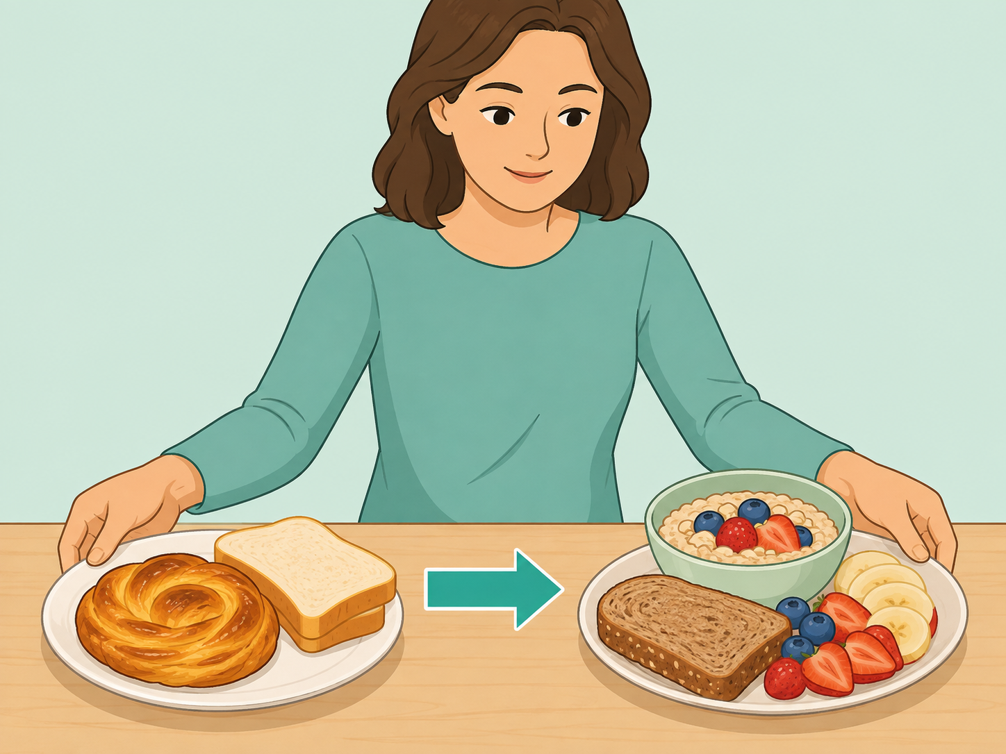 Person swapping refined breakfast carbs for oats, whole-grain toast, and fruit.