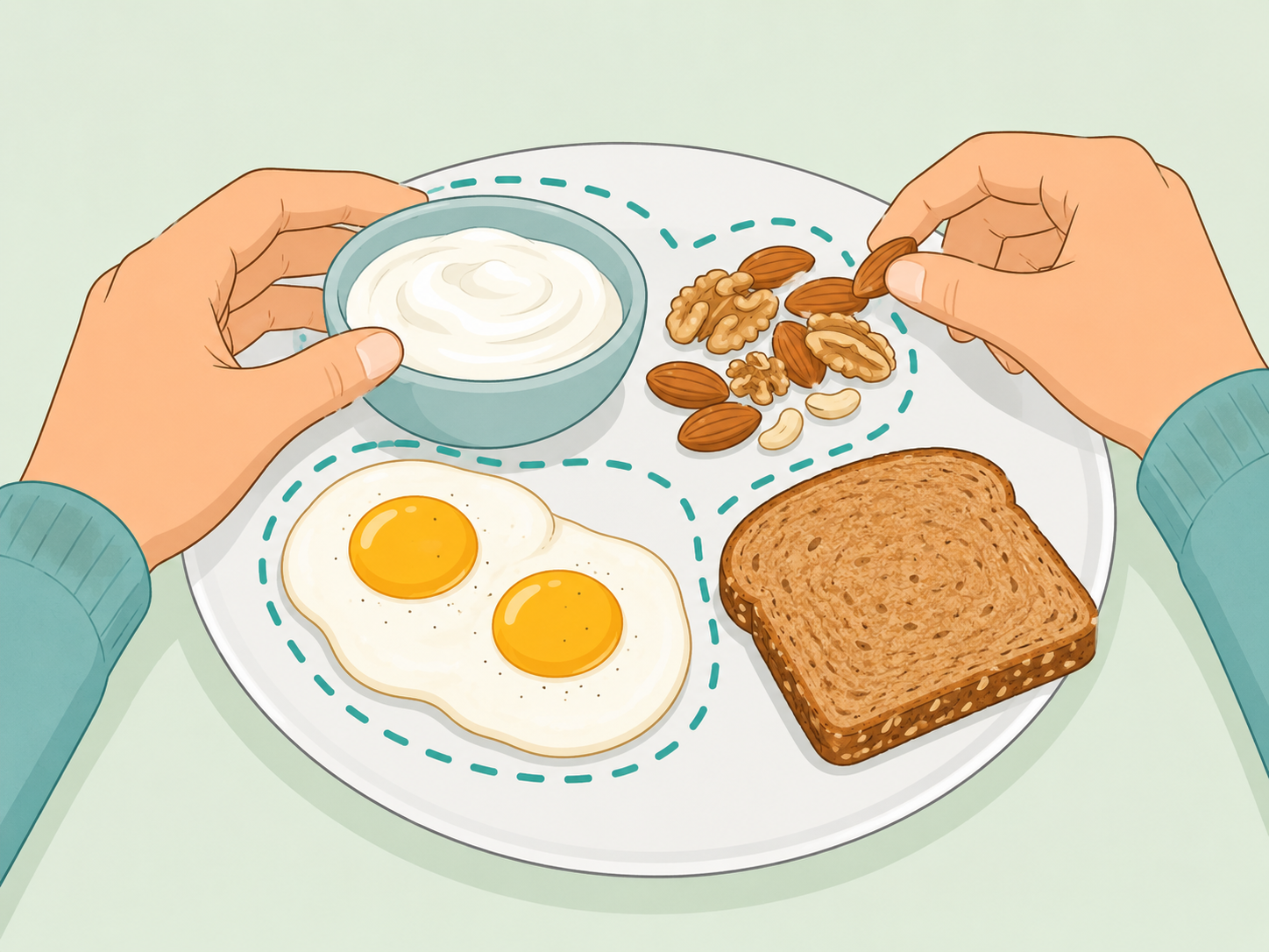 Hands adding protein foods to a balanced breakfast plate.