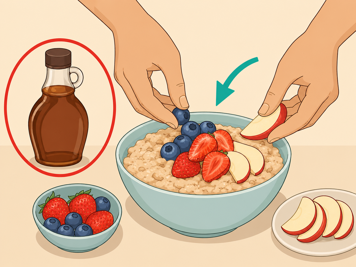 Fresh fruit being added to oatmeal while syrup is set aside.