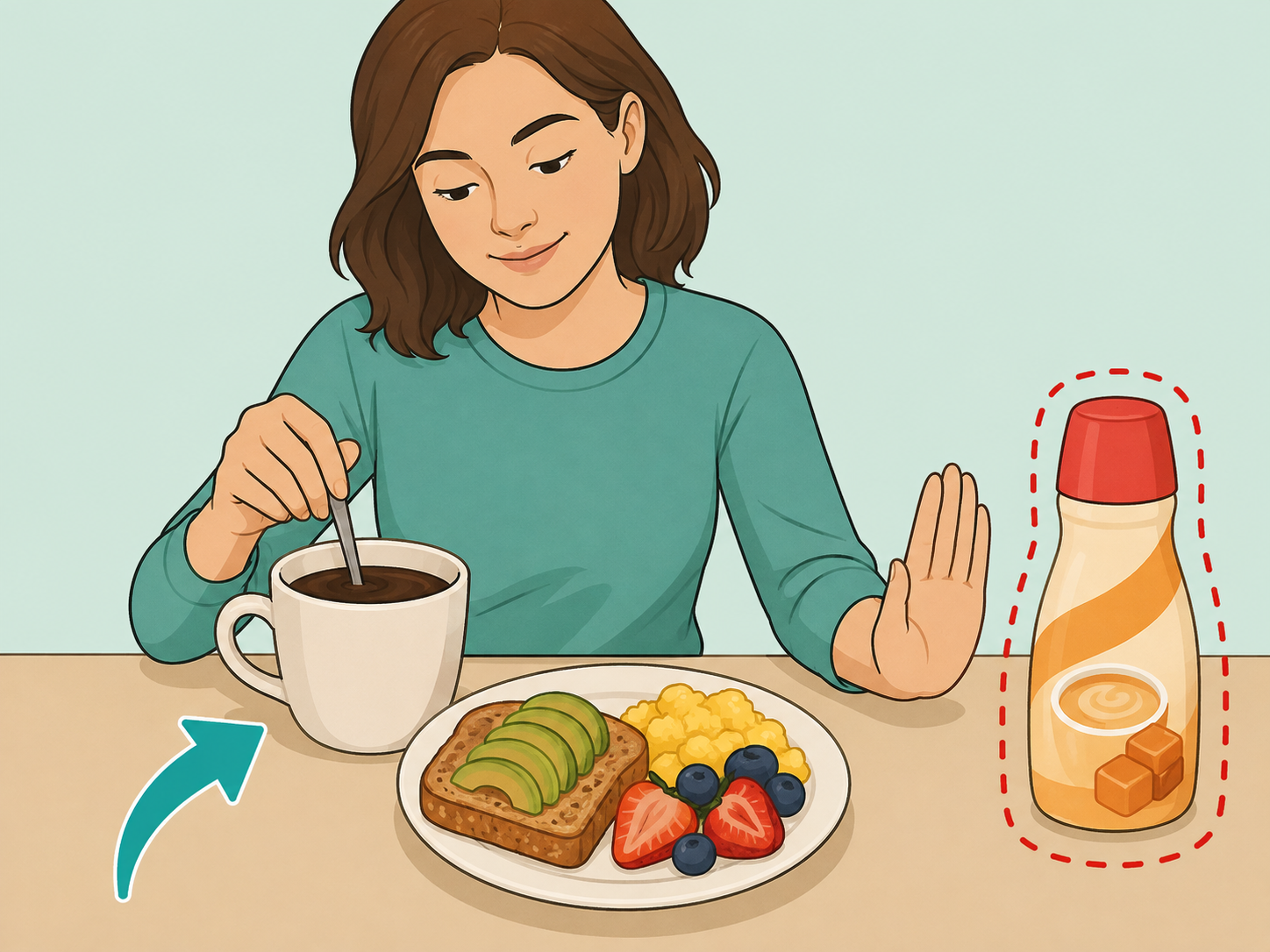 Person choosing plain coffee with breakfast instead of sugary creamer.