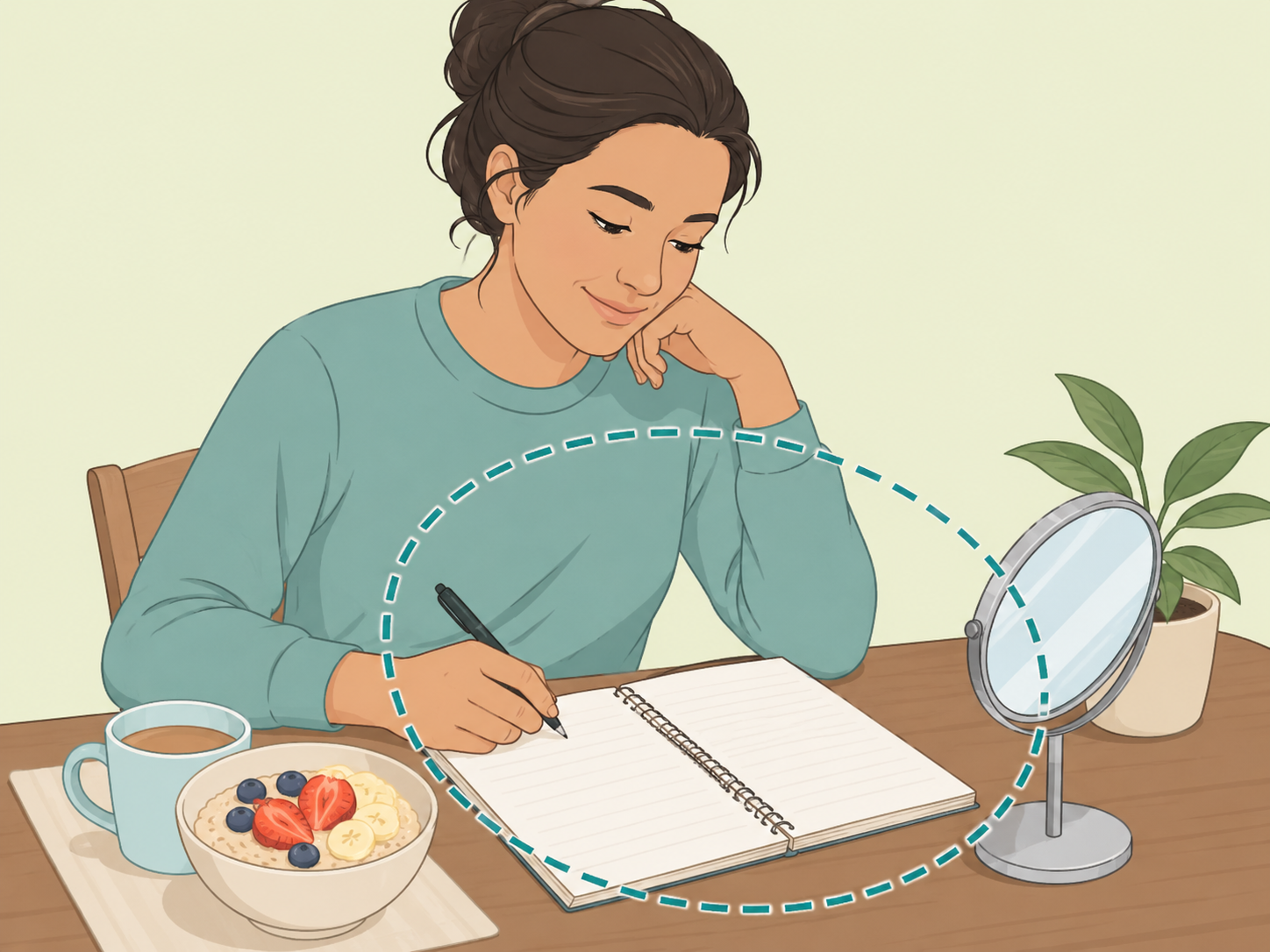 Person tracking breakfast habits, energy, and skin changes in a notebook.