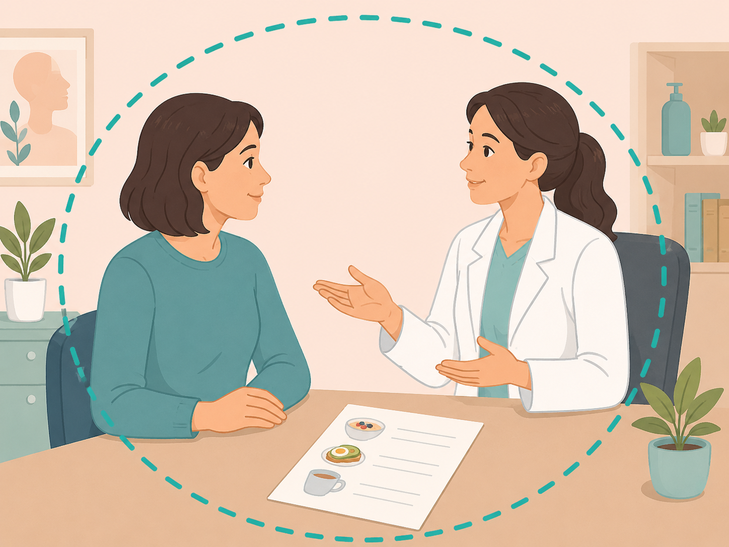 Patient discussing breakfast habits and skin concerns with a health professional.
