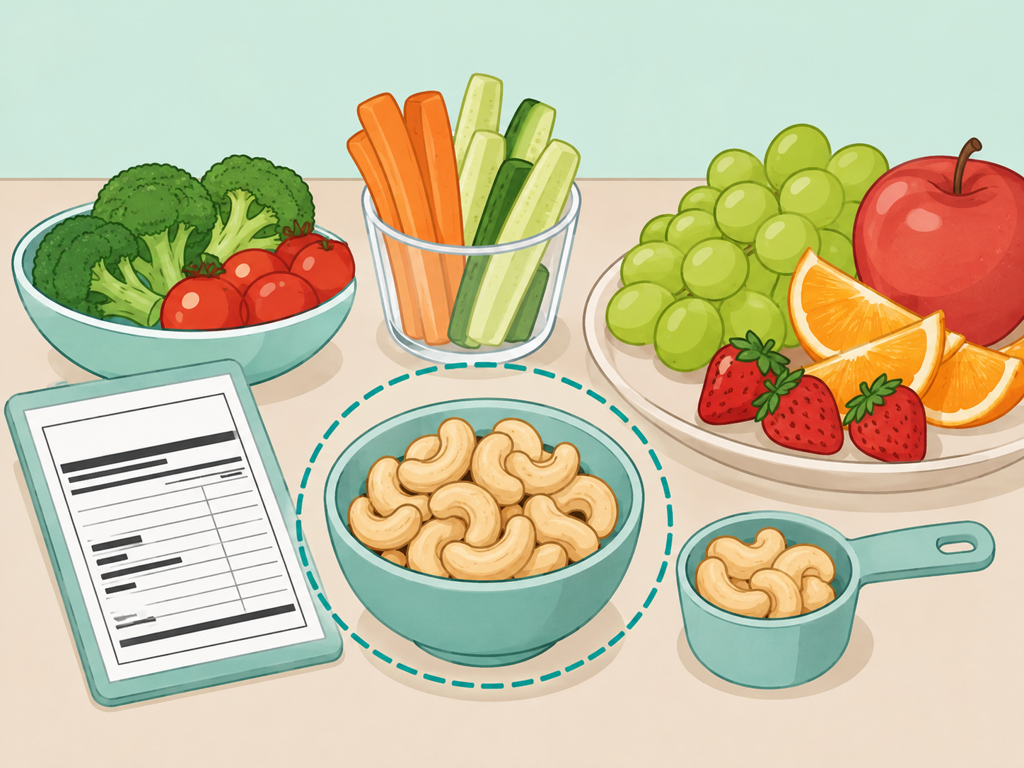 Illustration of a measured portion of cashews as part of a balanced snack.