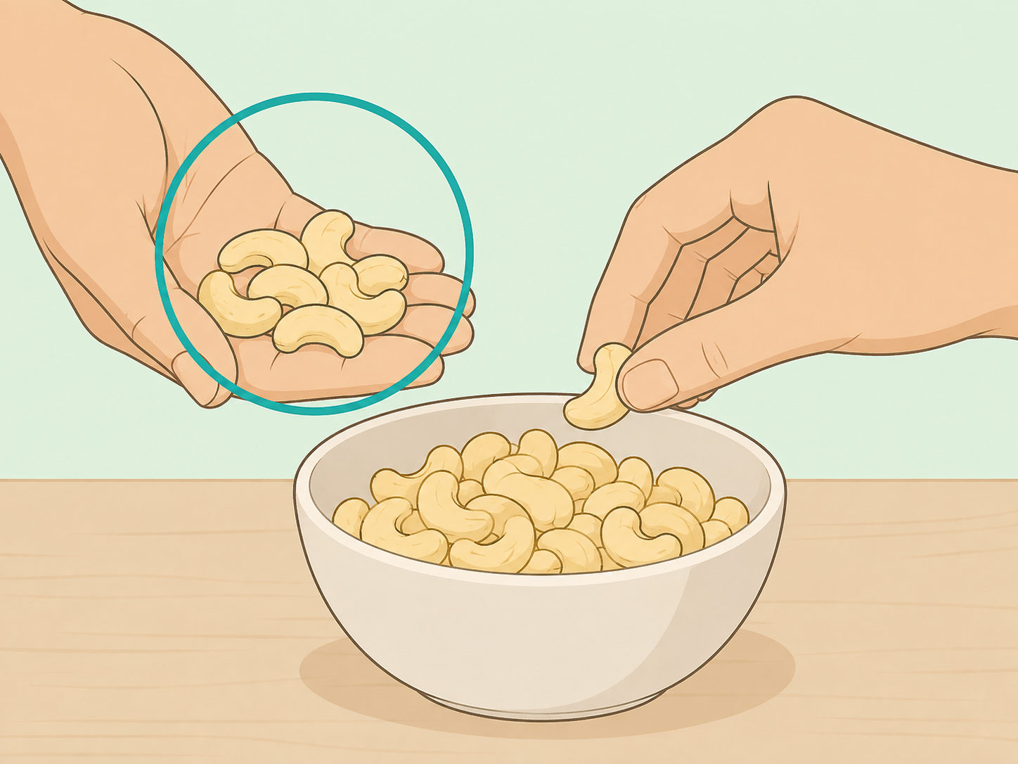 Hands measuring a small serving of cashews into a bowl.