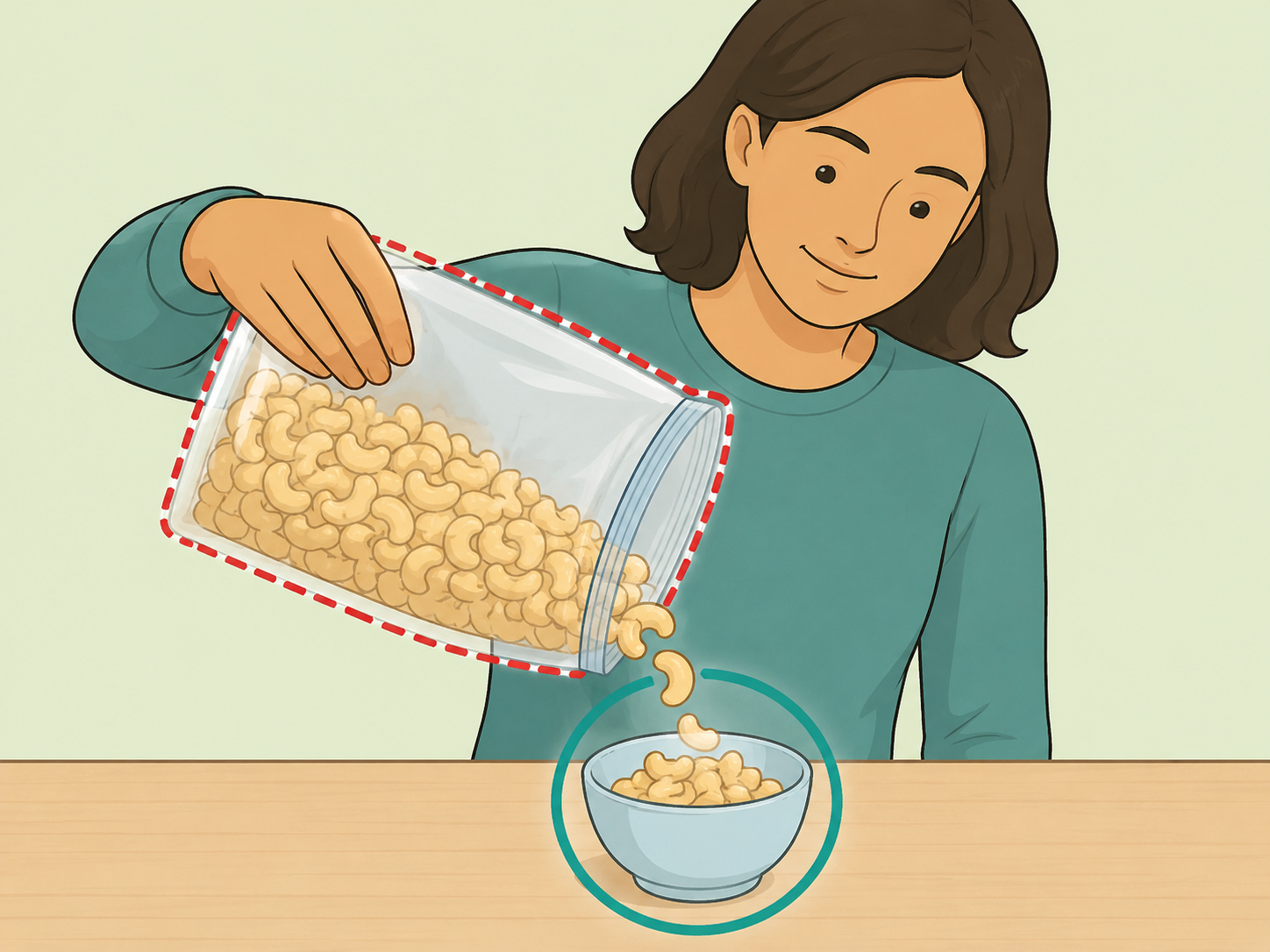 Person portioning cashews into a bowl rather than eating from the bag.