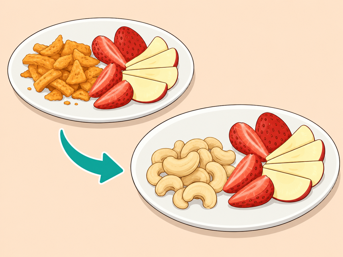 Cashews used as a healthier snack swap with fruit.