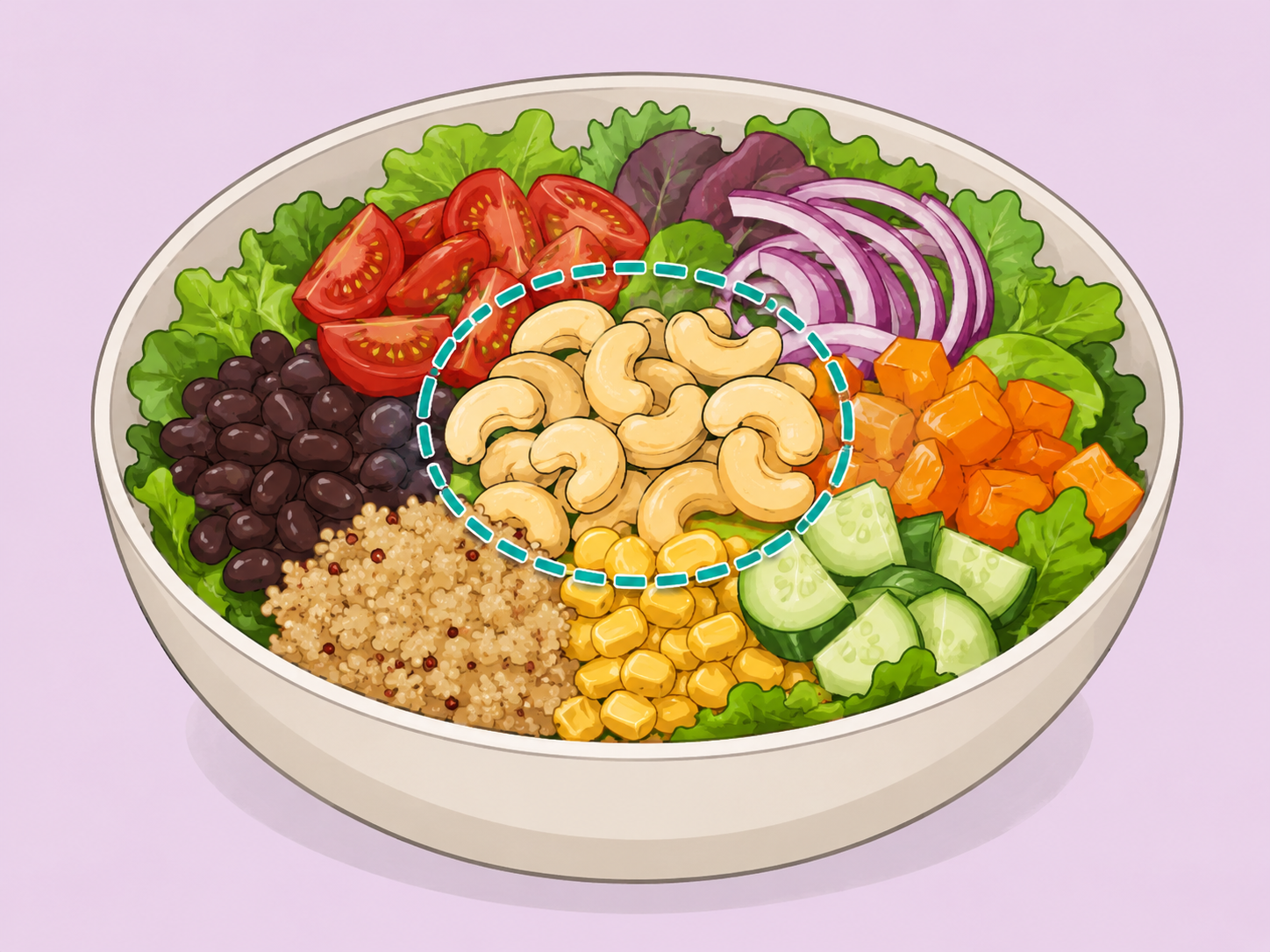 Cashews added to a balanced salad with grains and vegetables.