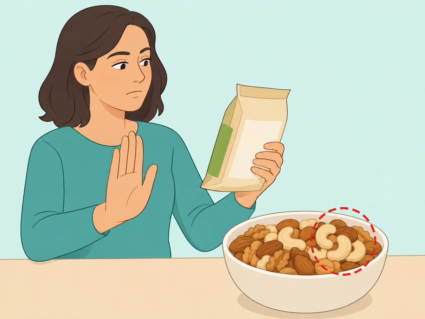 Person avoiding cashews because of possible nut allergy.