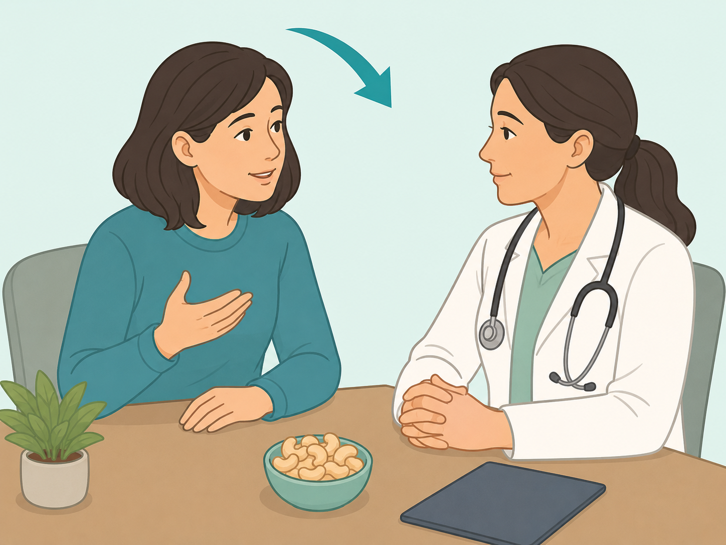 Person asking a health professional whether cashews fit their diet.