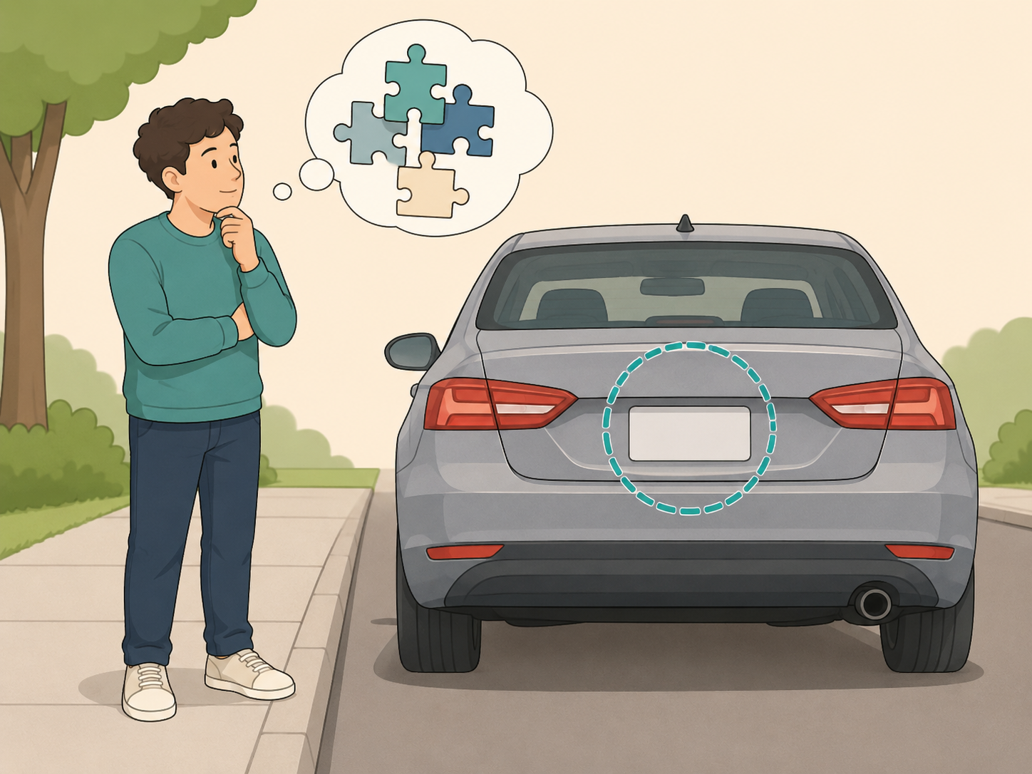 Illustration of a person safely studying a blank license plate as a puzzle.