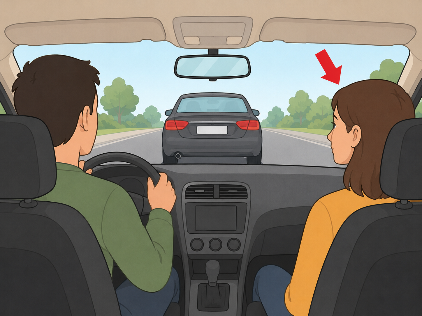Passenger looks at a license plate while the driver keeps attention on the road.