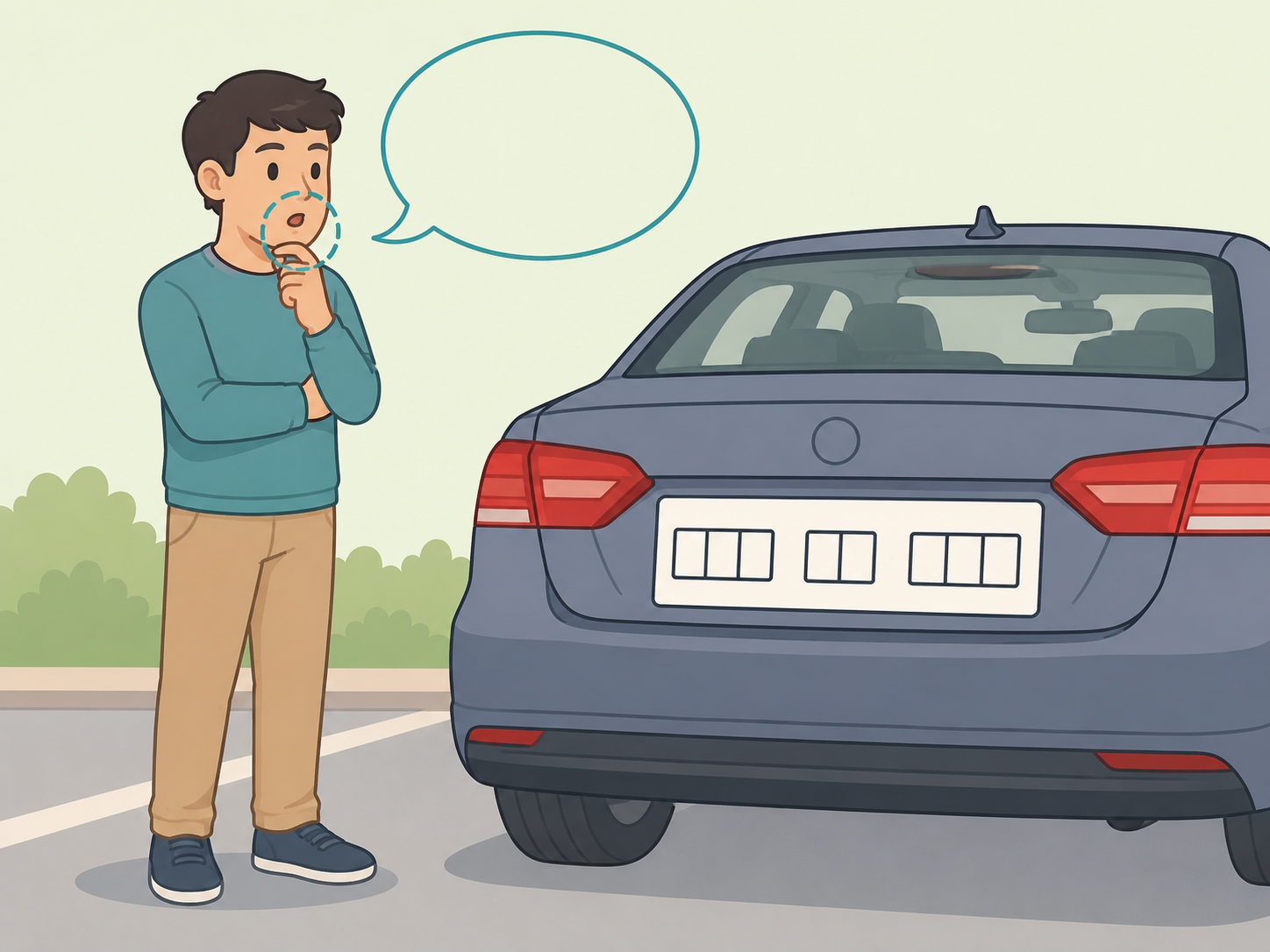 Person safely reads a license plate aloud while parked.