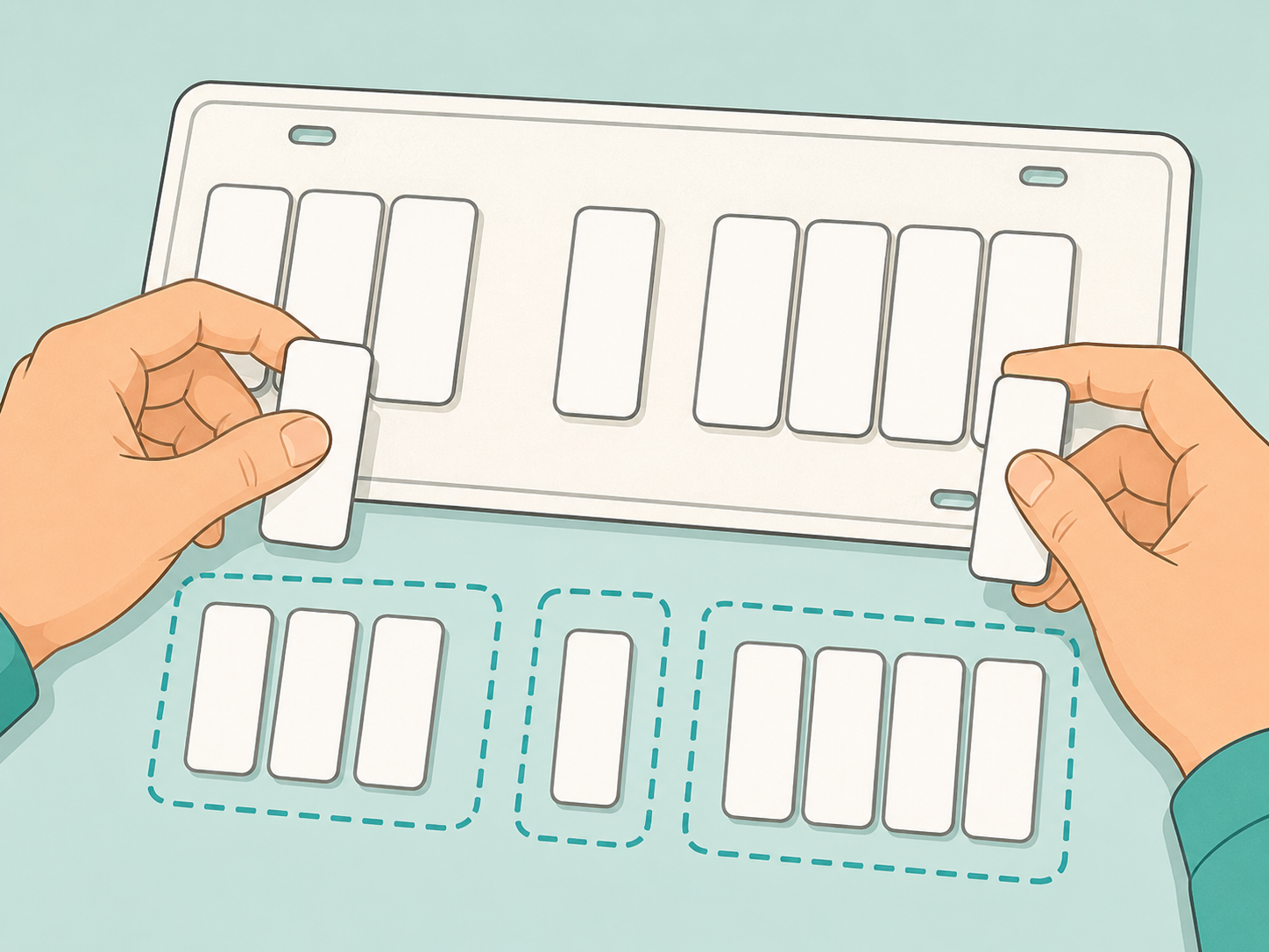 Hands separate blank license plate characters into groups.