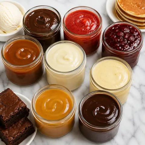 Eight homemade dessert sauces in jars with ice cream, pancakes, and brownies