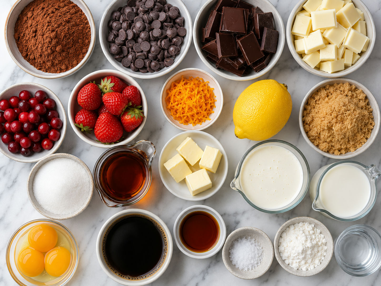 Ingredients for homemade dessert sauces arranged on a marble counter