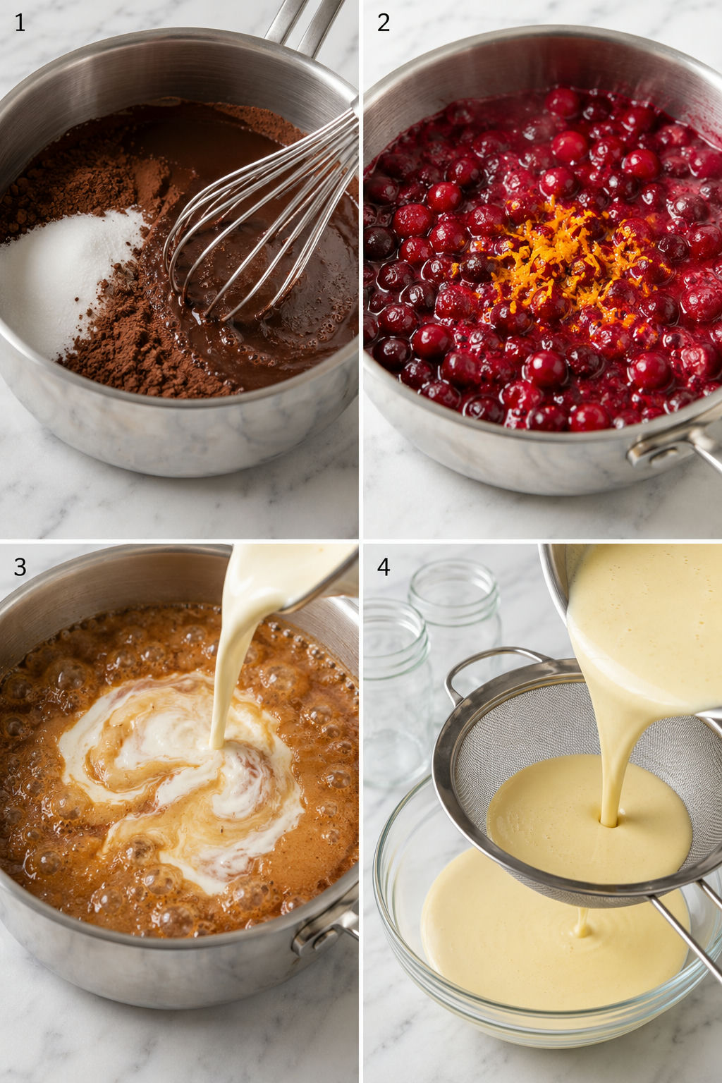 Four steps for cooking chocolate, cranberry, caramel, and custard sauces