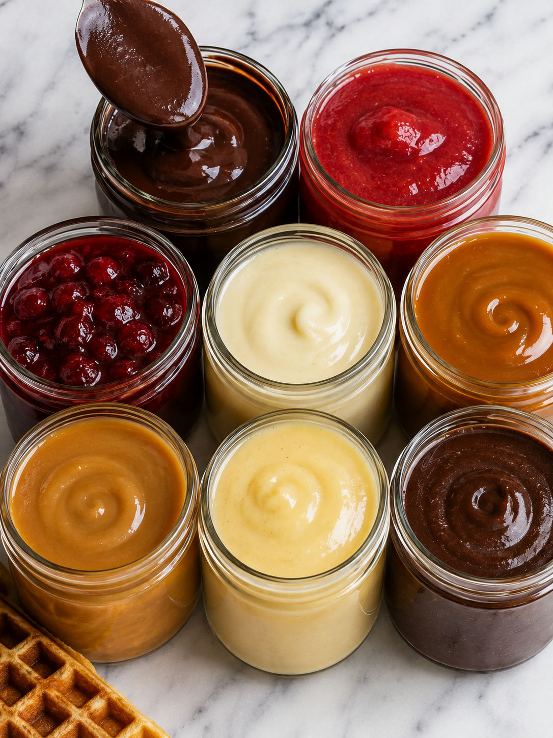 Eight glossy dessert sauces in jars with a spoon of chocolate sauce