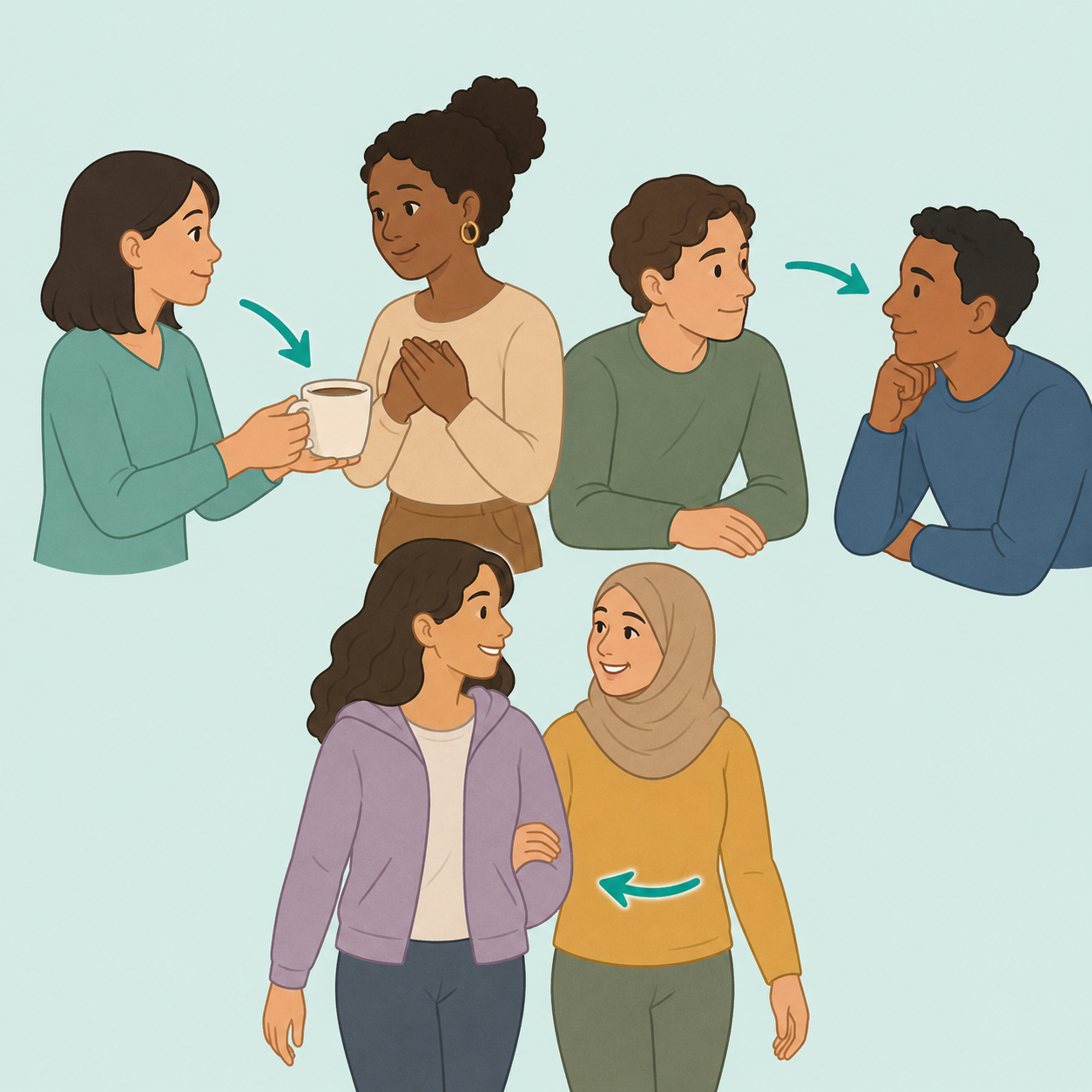 Illustration of people showing everyday love through small gestures of care and attention.
