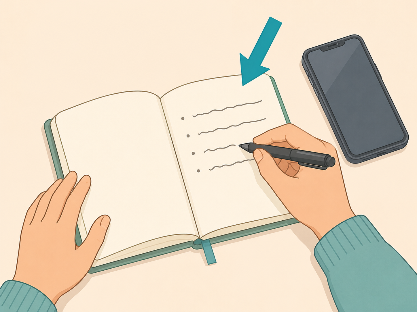 Hands writing down a small moment of gratitude in a journal.