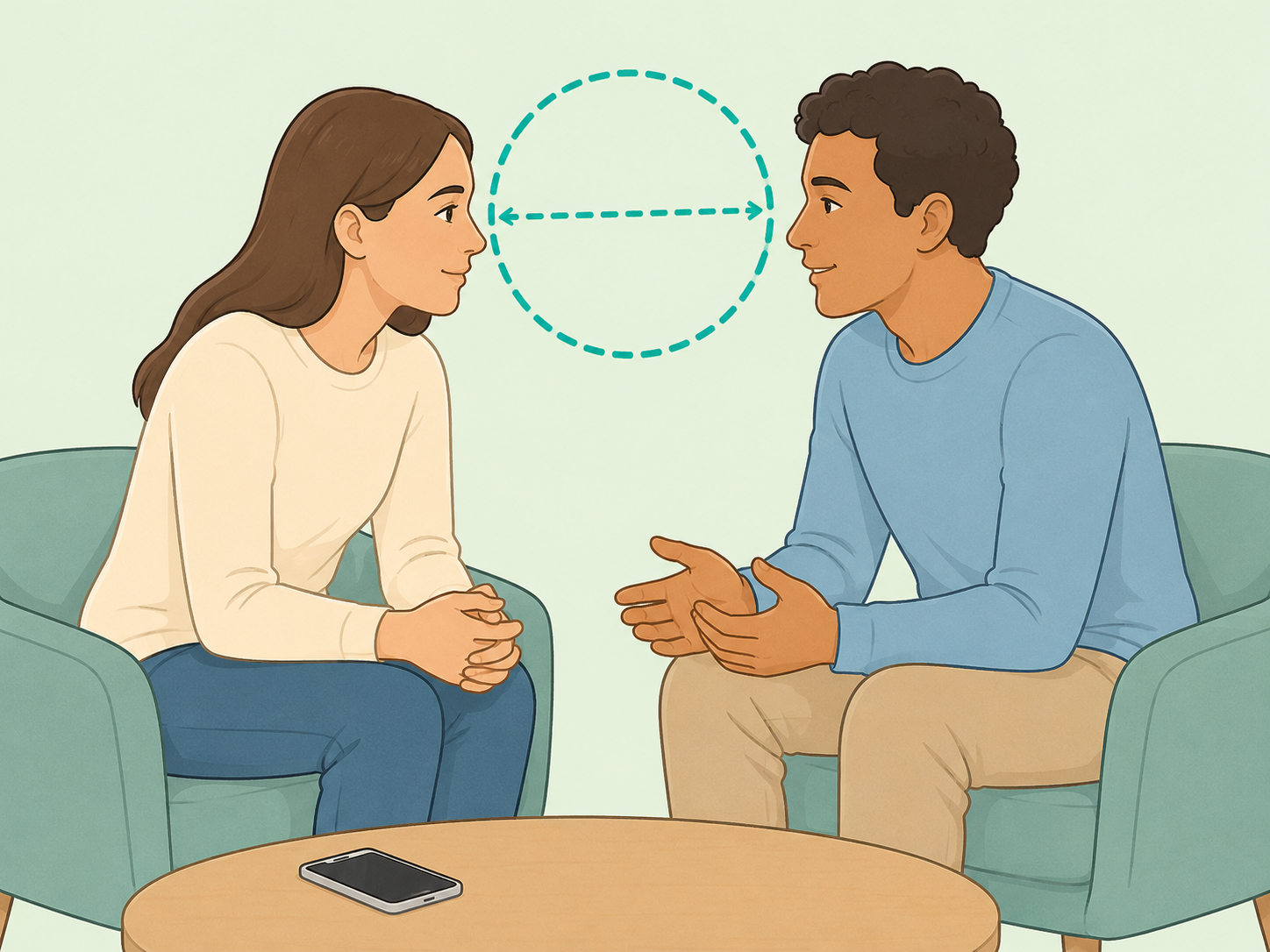 Two people having a focused conversation without phone distraction.