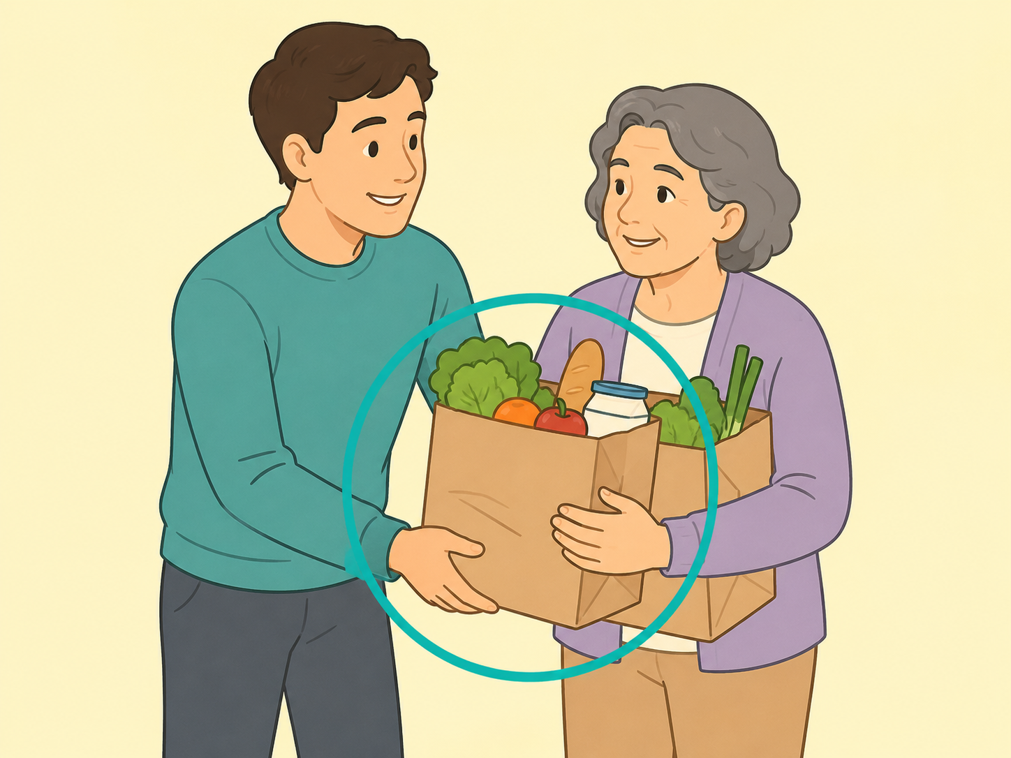 A person offering practical support by helping with groceries.