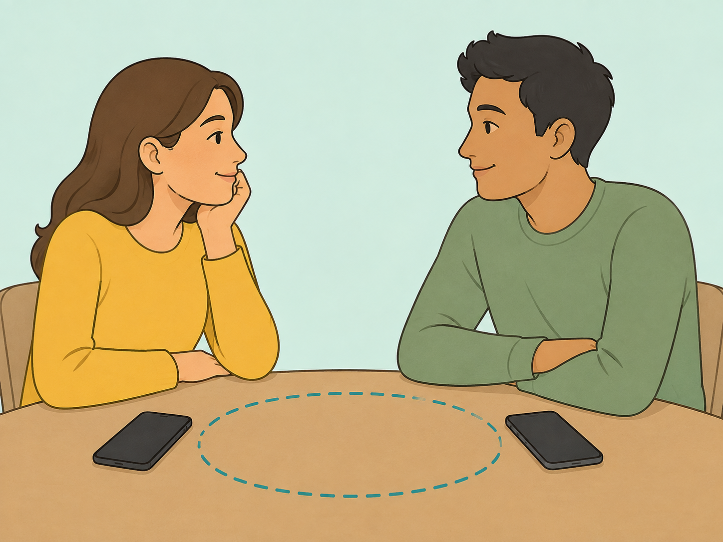 Two people protecting a moment of connection without digital distraction.