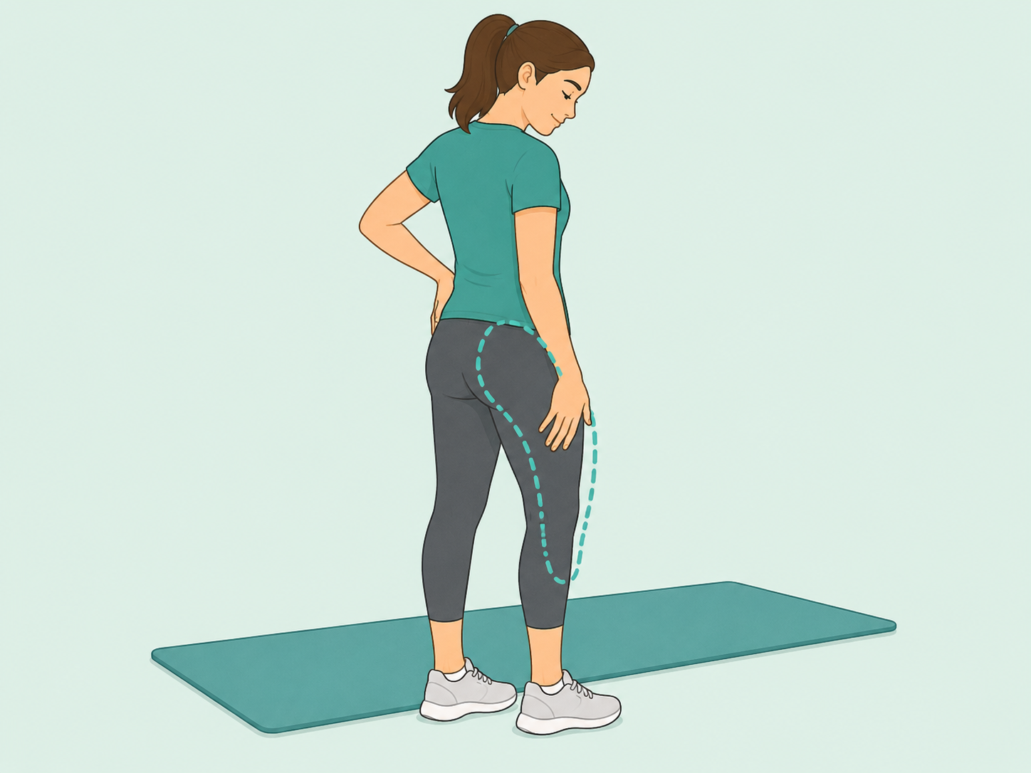 Person identifying buttock and back-of-leg discomfort before stretching.