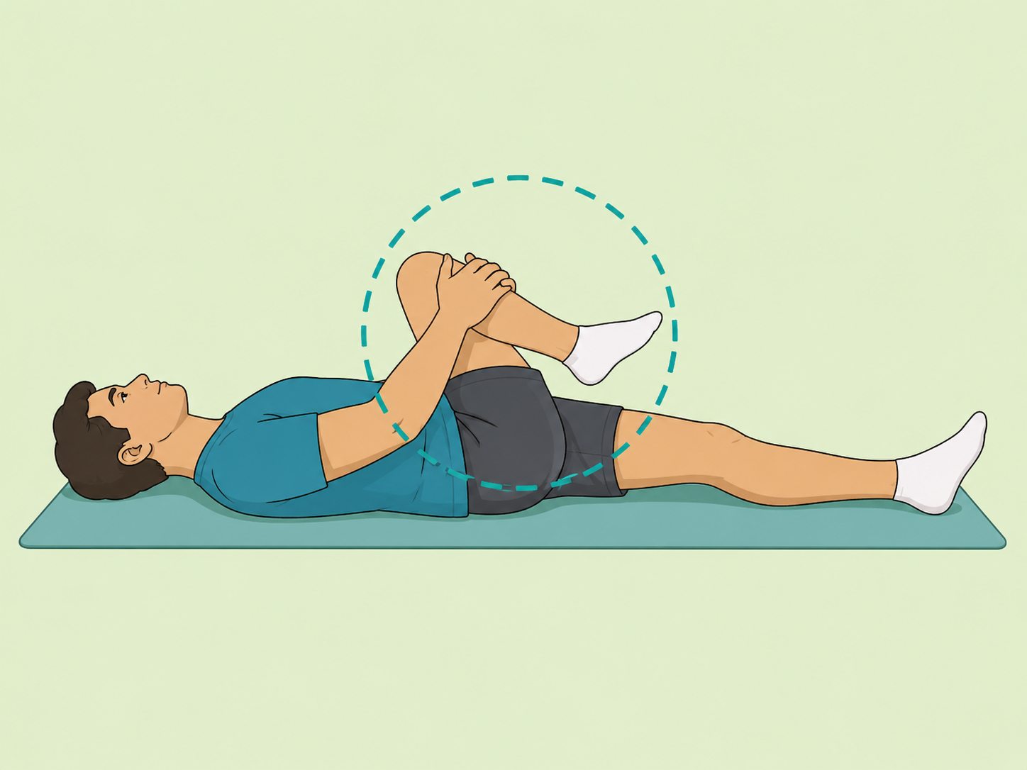 Person doing a knee-to-opposite-shoulder piriformis stretch.
