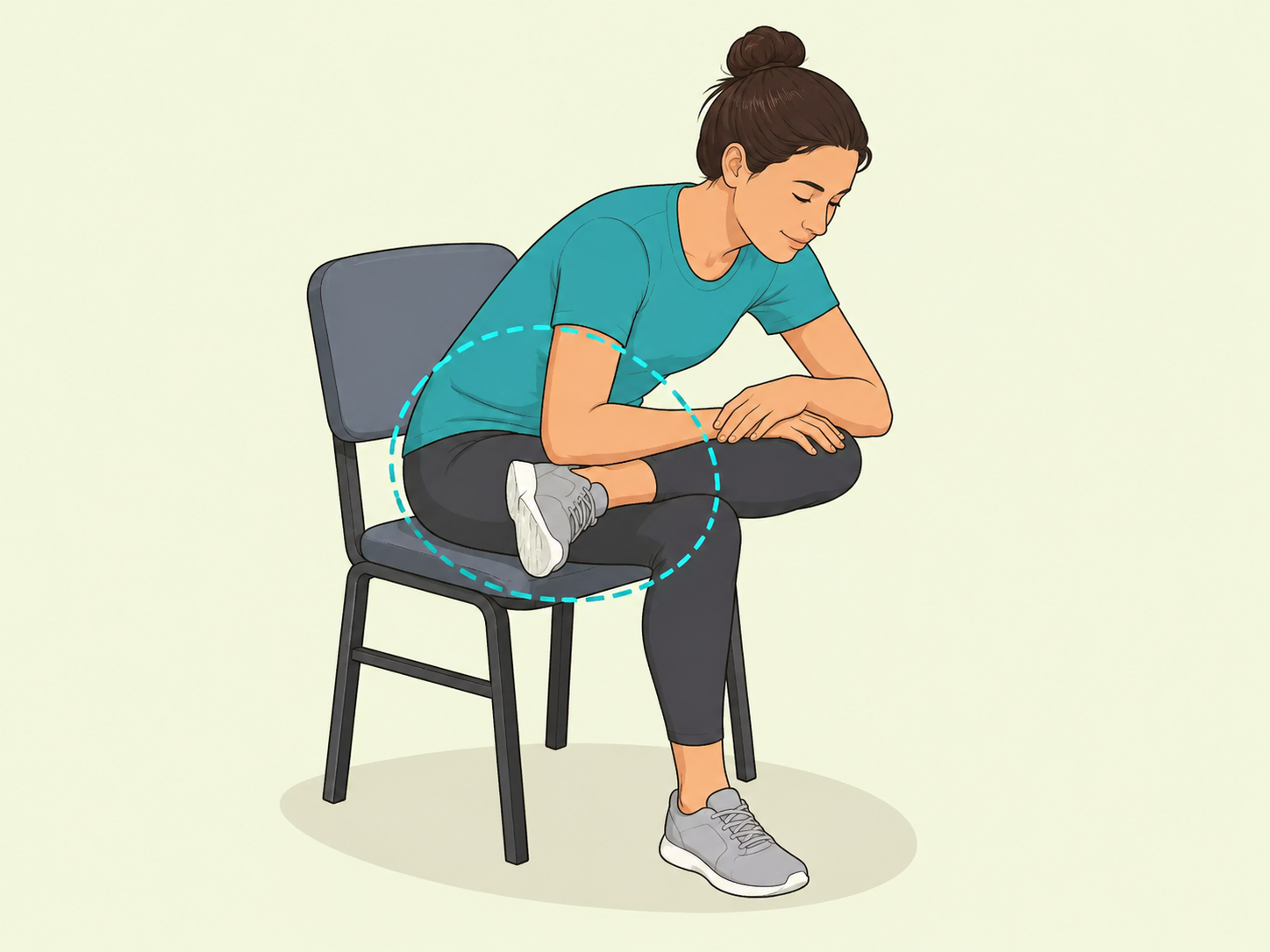 Person doing a seated figure-four piriformis stretch on a chair.