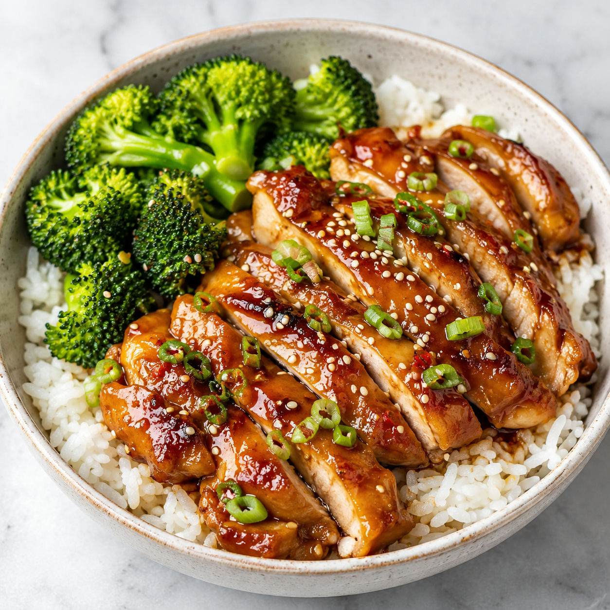 Honey ginger chicken bowl with rice, broccoli, green onions, and sesame seeds