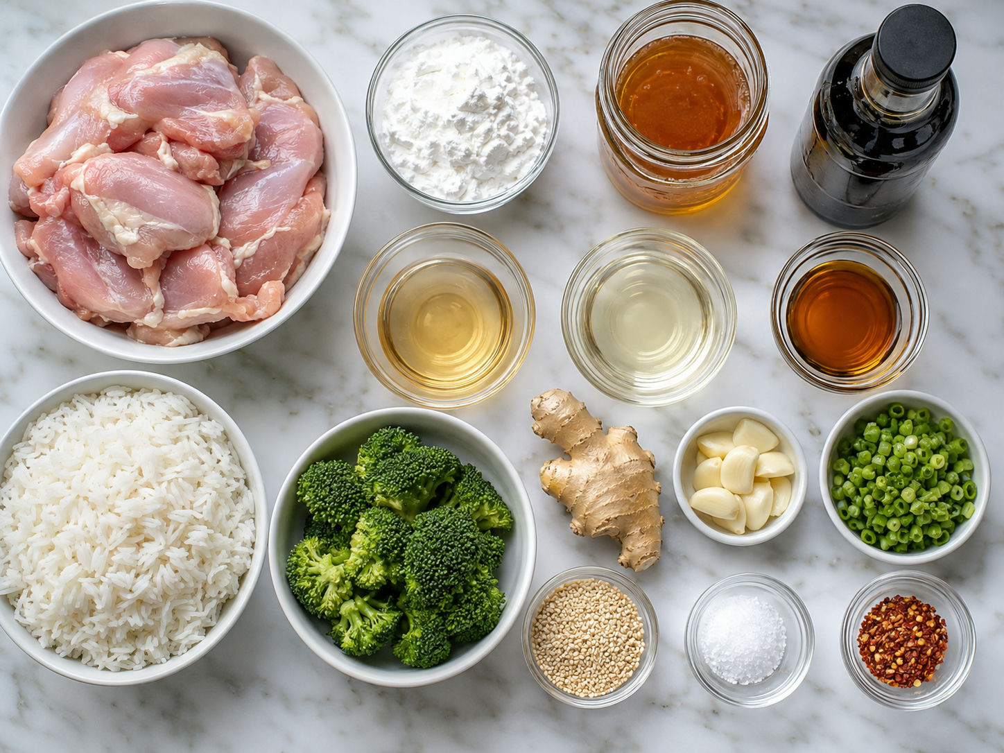 Raw ingredients for honey ginger chicken bowls arranged on a wooden surface