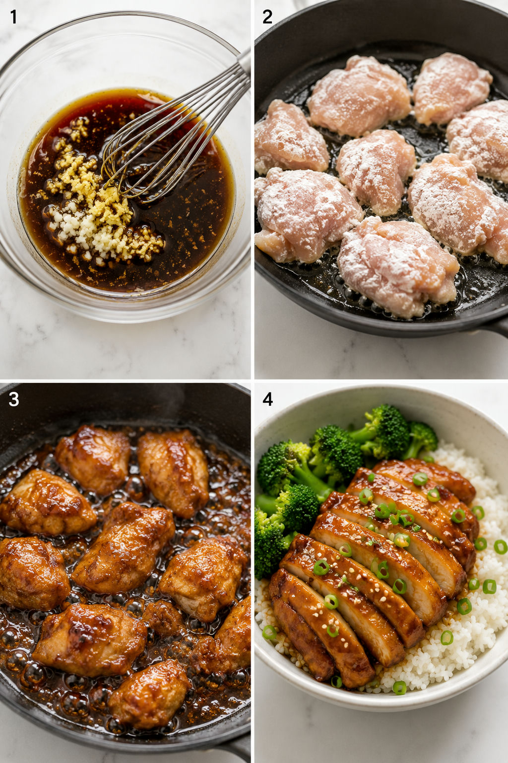 Four cooking steps for honey ginger chicken bowls from sauce to serving