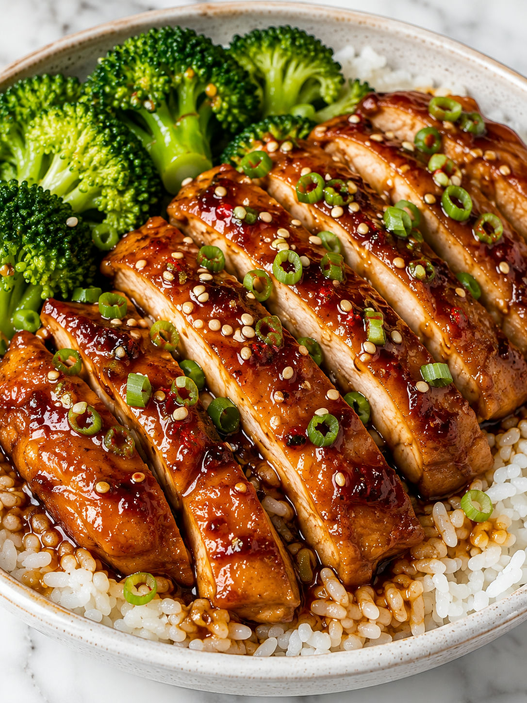 Sticky honey ginger chicken bowl with rice, broccoli, sesame, and green onions