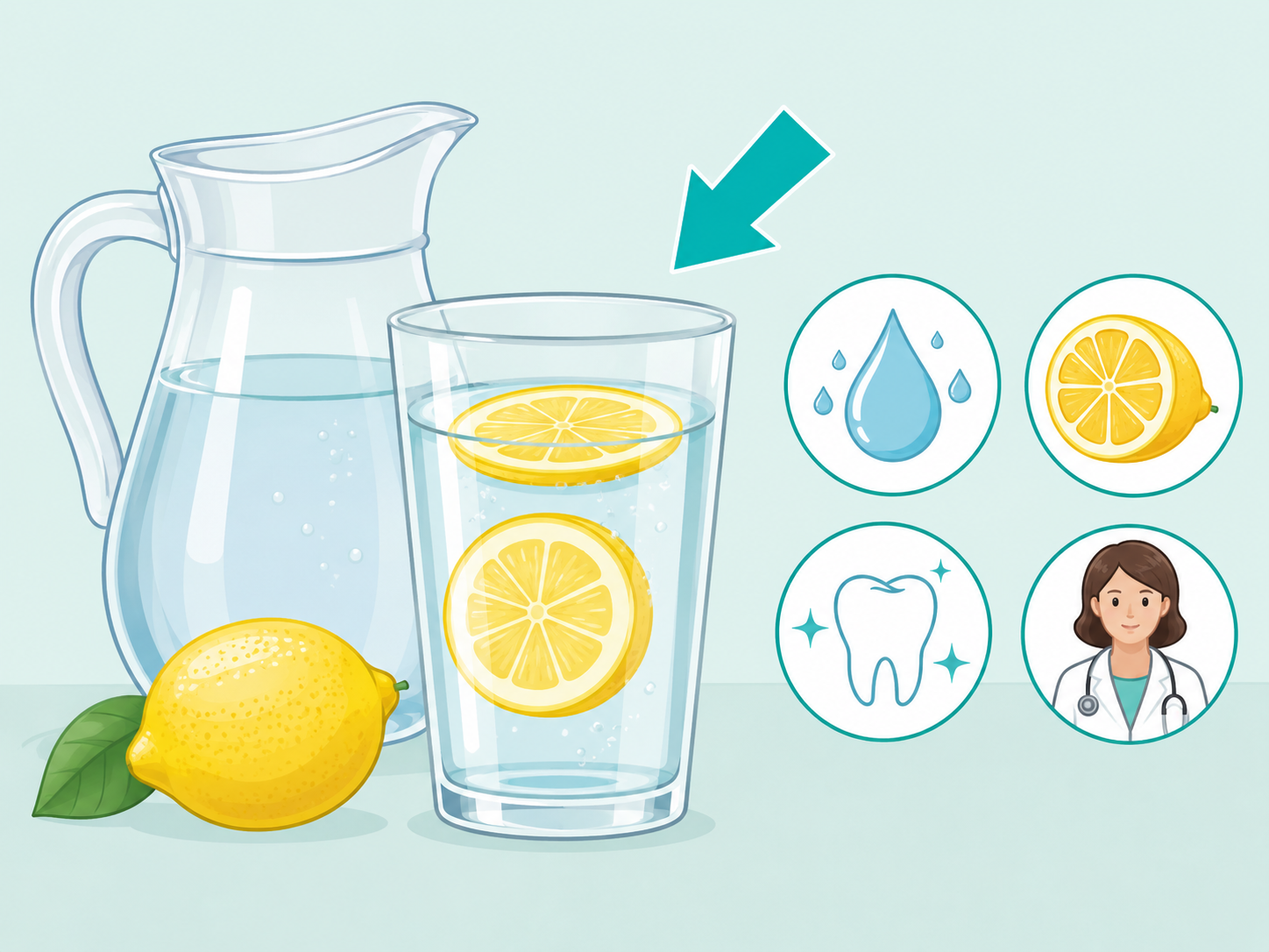 Illustration of lemon water with visual cues for hydration, vitamin C, dental safety, and medical guidance.