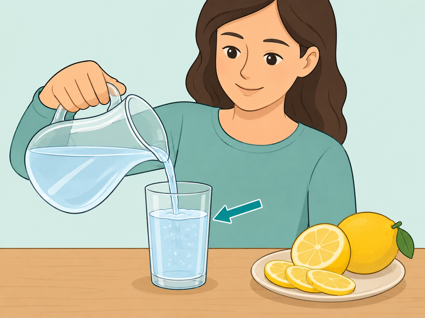A person pouring water into a glass before adding lemon.