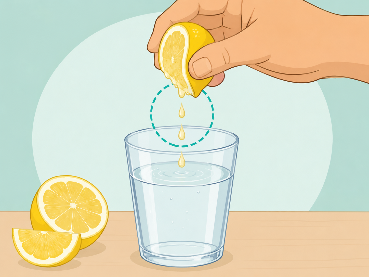 Hands squeezing fresh lemon into a glass of water.