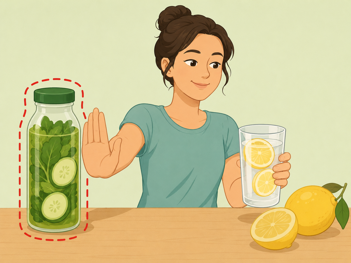 A person choosing simple lemon water instead of a detox cleanse bottle.