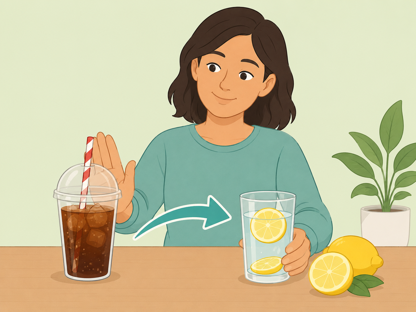 A person choosing unsweetened lemon water instead of a sugary drink.
